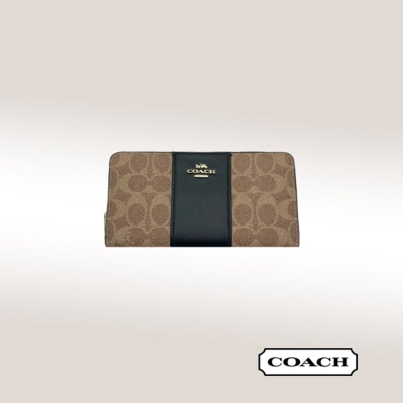 Coach Long Zip Around Wallet – Khaki Signature Canvas with Black Leather Stripe - Picture 1 of 13